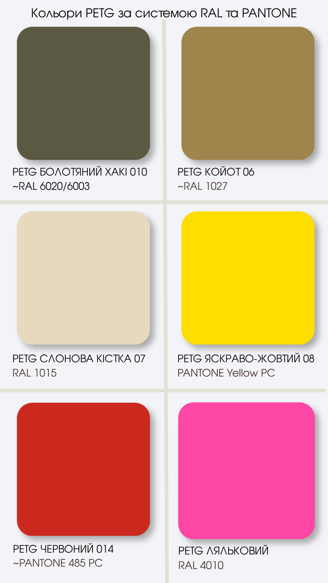 Кольори PETG за системою RAL та PANTONE — палітра 1